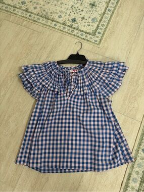 Buddy Love Blue & Pink Gingham Ruffle Neck Blouse